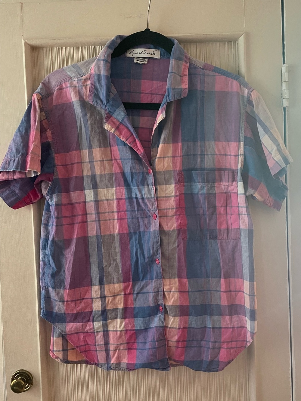 Gloria Vanderbilt Pink Lavender Blue Madras Plaid Button-Down Shirt